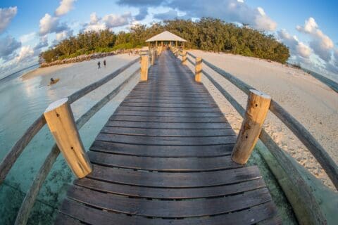 A wooden boardwalk leads to a gazebo on a sandy beach with clear, shallow water on both sides and lush greenery in the background, showcasing the beauty of sustainable ecotourism.