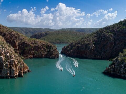 Aerial view of charter speedboats leaving white trails in emerald waters between two rocky cliffs, with green hills and a partly cloudy sky in the background.