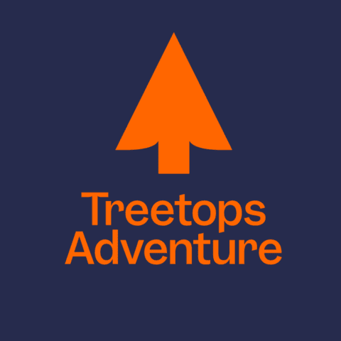 Orange tree-shaped arrow above the text "TreeTops Adventure Central Coast" on a dark blue background.