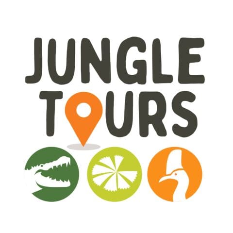 Logo of Jungle Tours with a text and icon design. Features "Jungle Tours" text, orange location marker, a green circle with a crocodile, a lime slice, and an orange circle with a bird to promote ecotourism.