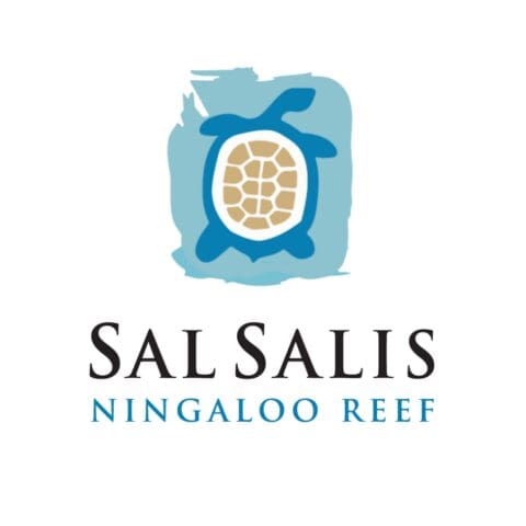 The logo of Sal Salis Ningaloo Reef features a stylized turtle with a blue outline and beige shell on a light blue background, complemented by the text "Sal Salis Ningaloo Reef" underneath.