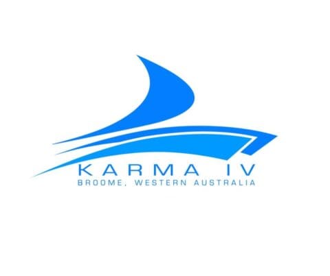 Blue stylized boat logo with the text "Karma IV" and "Broome, Western Australia" underneath on a white background, perfect for charters and exploring local sealife.