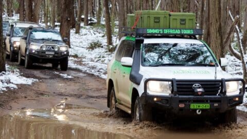 Three off-road vehicles navigate through a muddy, snow-dusted forest trail, the lead vehicle proudly displaying a sign reading "Simmo's Offroad Adventure.