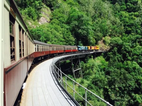 A train travels on a curved track through lush, green forested mountains, with one part of the train extending over a metal bridge-like structure. Experience this scenic journey with Doki Doki Tours for an unforgettable adventure.