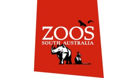 Logo for Zoos South Australia featuring a red background with white text and silhouettes of a rhino, kangaroo, and two birds, promoting ecotourism.