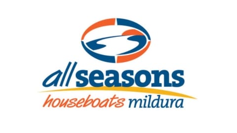 Logo of "All Seasons Houseboats Mildura," featuring stylized text with blue, orange, and yellow colors. A circular graphic of a houseboat is incorporated above the text, highlighting their commitment to ecotourism.