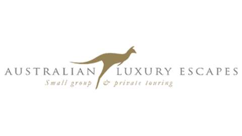 Logo for Australian Luxury Escapes featuring a gold kangaroo silhouette. Text reads: "Australian Luxury Escapes. Small group & private touring with a focus on sustainable travel.