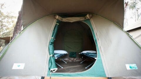 An entrance to a green tent with two camping beds inside.