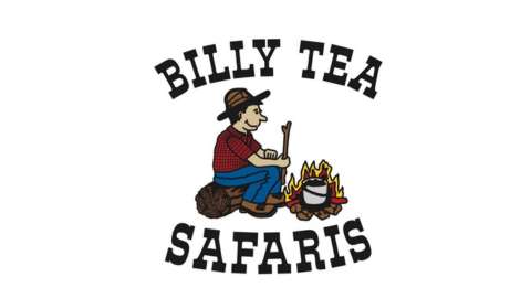 A logo featuring a person in a hat and plaid shirt sitting on a log stirring a pot over a fire, with the text "Billy Tea Safaris" in a curved font above and below the image reflects the charm of an authentic tour.