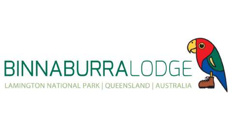 Logo of Binna Burra Lodge with a parrot standing on a boot, and the text "Lamington National Park | Queensland | Australia" below, highlighting its nature-focused accommodation.