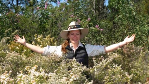 A person wearing a hat and vest stands with arms outstretched in a field of flowering bushes, smiling, embracing the sustainable environment.