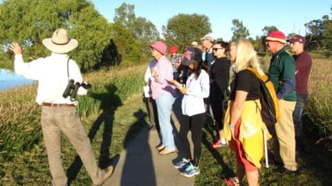 A group of people, guided by a man in a hat with binoculars, walk on a paved path through a grassy area with trees, enjoying the nature tour.