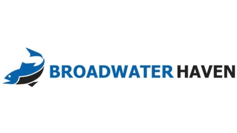 The logo of Broadwater Haven features a stylized blue fish to the left of the text. The word "Broadwater" is elegantly rendered in blue, while "Haven" is displayed in classic black.