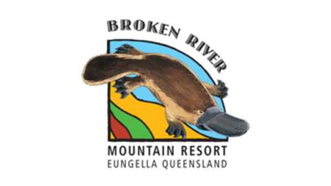 Logo of Broken River Mountain Resort in Eungella, Queensland, featuring an image of a platypus above colorful landscape graphics, reflecting its nature-focused and sustainable accommodation.