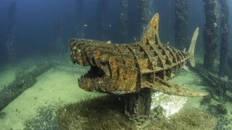 Underwater scene of a rusted metal sculpture shaped like a shark, surrounded by pillars. Small fish swim nearby, evoking the mysterious allure of the Busselton Jetty.