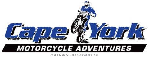 Logo of "Cape York Motorcycle Adventures" featuring a motorcyclist performing a stunt. The text "Cairns, Australia" appears below, highlighting their certification in adventure tourism.