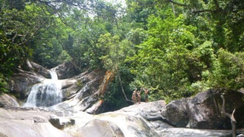 A small waterfall cascades over rocks into a pool, surrounded by dense trees. Two people stand on a large rock near the water, enjoying the natural splendor of this ecotourism haven.