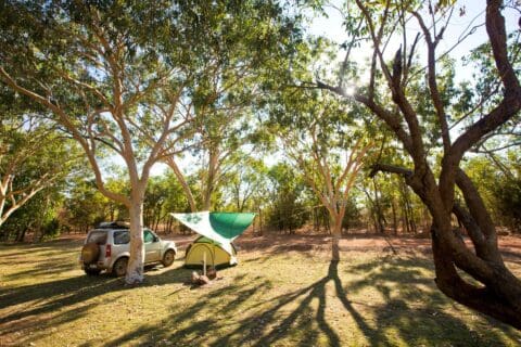 A campsite in a wooded area with a car parked beside a tent and a green tarp, surrounded by tall trees with sunlight filtering through, reminiscent of the serene settings on Nitmiluk Tours.