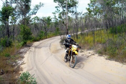 A person riding a yellow dirt bike on a sandy trail through a forested area, kicking up dust. The rider, embracing nature, is wearing a helmet and protective gear.