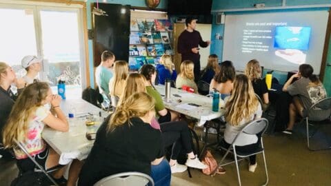 A group of people seated at tables in a classroom listen to a man giving a presentation on sharks, with a slide projected on the screen stating "Sharks are cool and important" as part of their nature certification program.