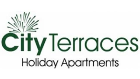 City Terraces Holiday Apartments logo featuring sustainable city-inspired text and a stylized firework graphic.
