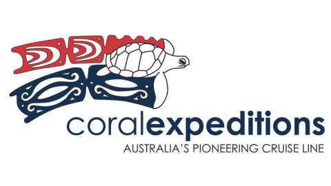 Logo for Coral Expeditions, featuring a stylized turtle and the text "coral expeditions: Australia’s Pioneering Cruise Line," highlighting sustainable tours and comfortable accommodations.