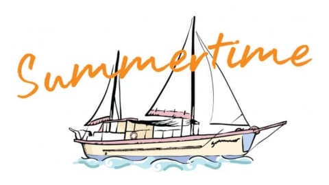 Illustration of a sailboat on water with the word "Summertime" written above it in orange text, highlighting the charm of ecotourism.
