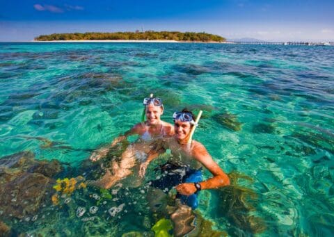 Two people with snorkeling gear are in clear, shallow water near a coral reef, with a lush island in the background and a blue sky above—a perfect scene for those seeking ecotourism adventures.