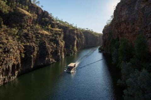 A boat from Nitmiluk Tours cruises through a narrow, rocky gorge with steep cliffs and shimmering water. The sky is clear, and sunlight illuminates the breathtaking landscape. Sparse vegetation clings to the rugged cliffs.