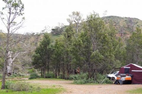 Campsite in the wooded Bendleby Ranges with a red and white tent, a parked vehicle, and a small trailer, surrounded by trees and hills.