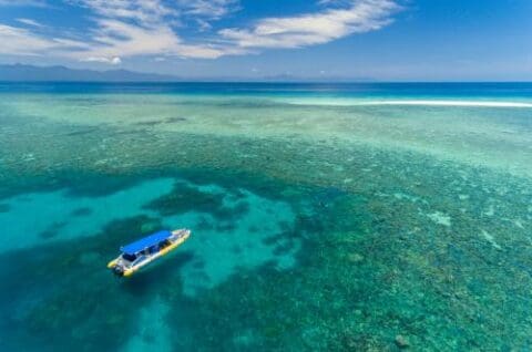 A small boat with a blue canopy floats on clear, turquoise water with visible underwater reefs, bordered by a white sandy strip and an expansive horizon of blue sky during an Ocean Safari at Cape Tribulation.