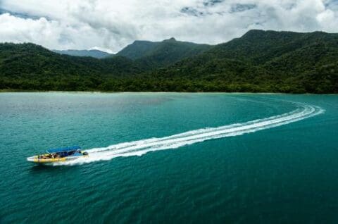 A speedboat cutting through turquoise water near Cape Tribulation's lush, forested shoreline with mountains in the background under a cloudy sky, offering an ideal Ocean Safari experience.