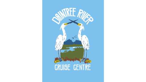 Logo for Daintree River Cruise Centre depicting two white birds with long necks facing each other against a blue background. The text "Daintree River Cruise Centre" is above and below, emphasizing the centre’s focus on ecotourism and sustainable tours.