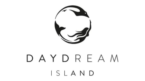 Logo of Daydream Island featuring a stylized black and white design resembling waves and a bird within a circle, with the text "DAYDREAM ISLAND" below, symbolizing its commitment to ecotourism.
