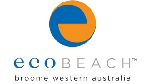 Logo of Eco Beach Resort in Broome, Western Australia. The image features a circular design with blue and orange colors above the text "ecoBEACH" and "broome western australia" in lowercase letters.