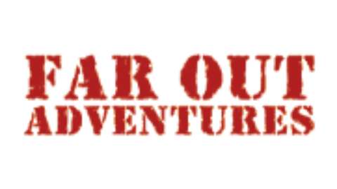 Far Out Adventures" logo in bold, distressed red text on a white background, highlighting themes of sustainable ecotourism.