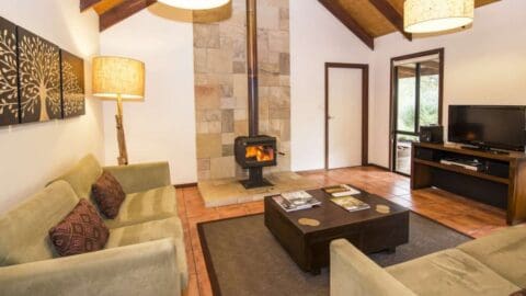 A cozy living room with a wood-burning stove, two sustainable sofas, a central coffee table, a TV, and wall art, all under a high wooden ceiling with large pendant lights that bring nature indoors.