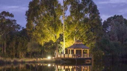 A lit gazebo on a wooden platform is surrounded by trees and reflected in a calm lake at dusk, offering an enchanting view for any tour or serene accommodation.