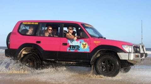 A brightly colored 4WD vehicle with four passengers drives across a sandy beach. The vehicle, promoting sustainable travel, is labeled "Fraser Dingo 4WD Adventures" on the side.