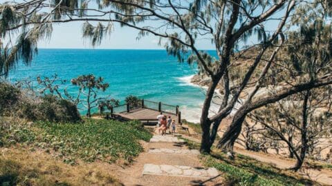 A group of people stands on a wooden lookout platform overlooking the ocean, surrounded by lush greenery and trees, with steps leading down to the platform.