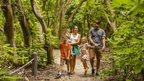 A family of five, including two adults and three children, walks along a leafy forest path, smiling and holding hands. The path is lined with green foliage and trees.