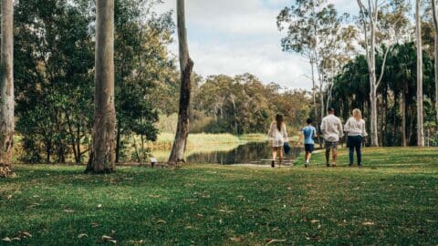 Four people walking on a grassy path near a pond, surrounded by trees and vegetation on a cloudy day.