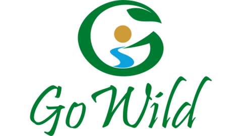 Green logo with the words "Go Wild" below a stylized green 'G' featuring a yellow circle, blue river, and green leaf, promoting sustainable ecotourism.