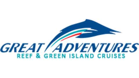 Logo of Great Adventures Reef & Green Island Cruises, featuring a stylized blue wave with red and green accents above the company's name in blue text, highlighting their commitment to sustainable tours.