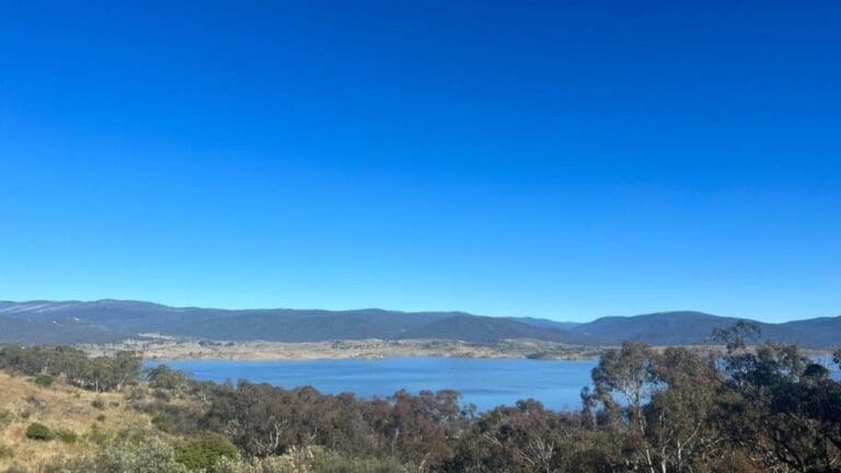 A clear blue sky above a lake surrounded by dry hills dotted with trees. Distant mountains form the horizon, creating a picturesque setting ideal for ecotourism and nature enthusiasts.