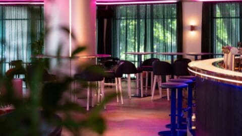 A modern bar at Ibis Styles Central Sydney features high round tables and bar stools, illuminated by pink and purple lighting. The space boasts floor-to-ceiling windows with green curtains, allowing natural light to stream in.