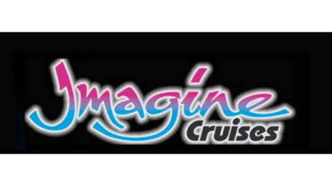 Logo of Imagine Cruises with the word "Imagine" in a blue and pink gradient and "Cruises" in gray, set against a black background, emphasizing ecotourism.