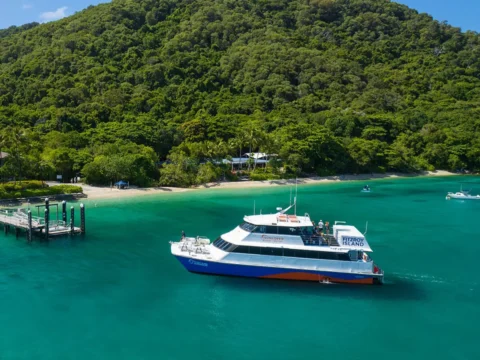 A boat is docked near a lush island with a pier extending from the beach into clear, turquoise waters, offering sustainable accommodation amid the beauty of nature.