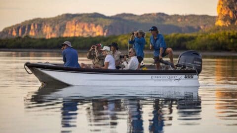 A small boat with six people, some taking photos and others using binoculars, floats on calm water with rugged cliffs and lush greenery in the background—a perfect example of ecotourism at its finest.