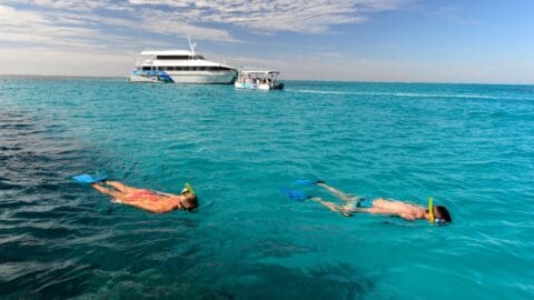 Two people snorkeling in clear blue water near a large yacht and a smaller boat under a partly cloudy sky, enjoying an unforgettable ecotourism tour.